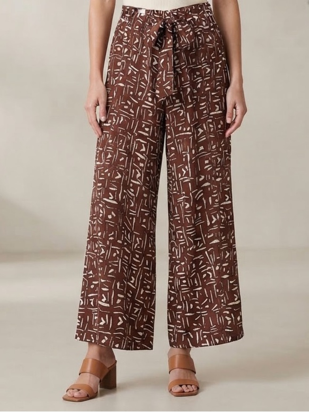 Alfani Brown Abstract Print Wide-Leg Pants with Tie Belt size XXL